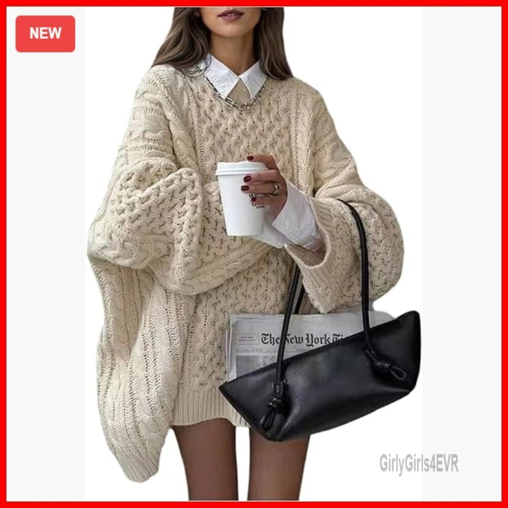 Chunky Cable Knit Pullover Sweater Loose Fit Long Sleeve Fall Top